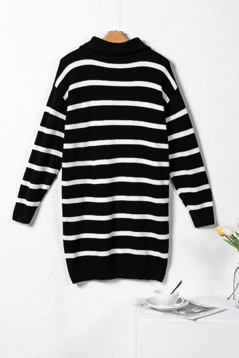 Striped O-Ring Zip Front Collared Drop Shoulder Long Sleeve Sweater Dress